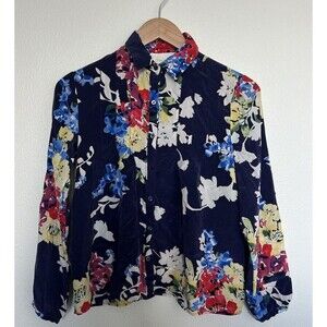 Yumi Kim Neotropic Navy Floral Long Sleeve Button 100% Silk Blouse S Boho Chic